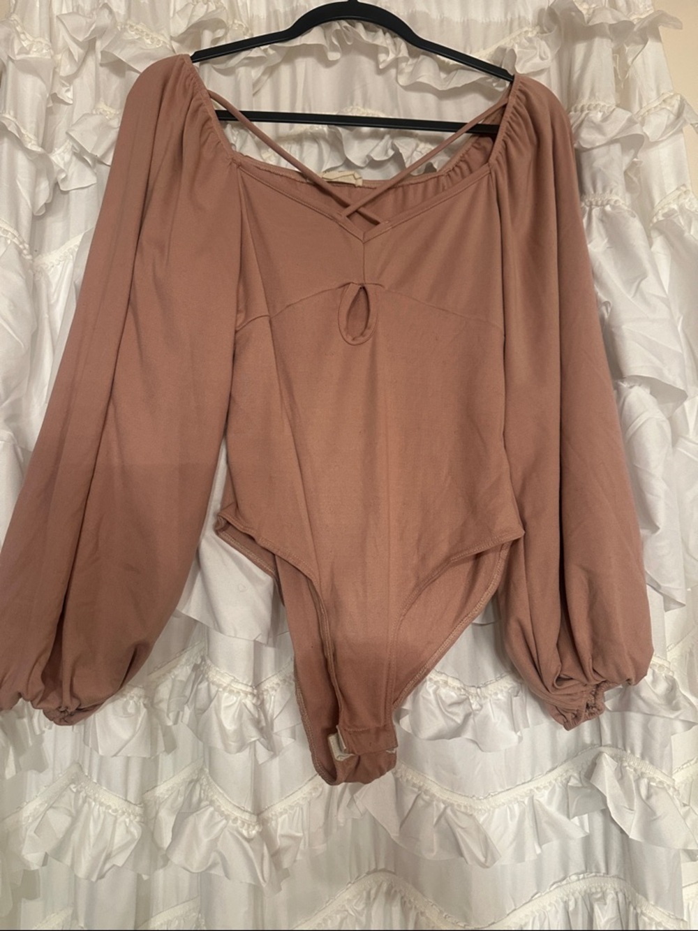 Peach Love California Mauve Puff Sleeve Bodysuit with Crisscross Straps